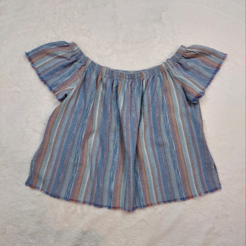 Cloth & Stone Blue Multicolor Striped Stretch Neckline Off Shoulder Blouse Sz M